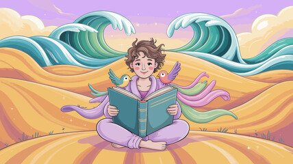 Child reading a book with birds and waves