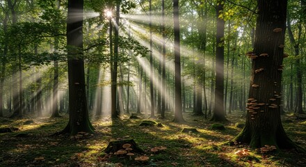 Naklejka premium Sunlight streaming through lush green forest with fungi on trees