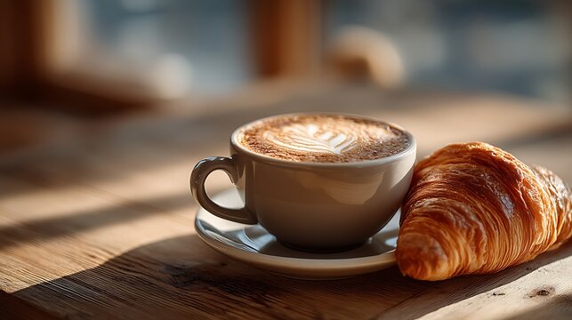 A latte and croissant rest on wooden table bathed in warm morning light, minimal calm composition with gentle focus and ample space perfect for café promotion or breakfast design.