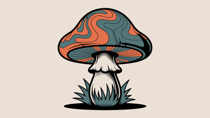 Psychedelic mushroom with swirling patterns and grass