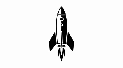 Stylized black rocket ship launching with flames
