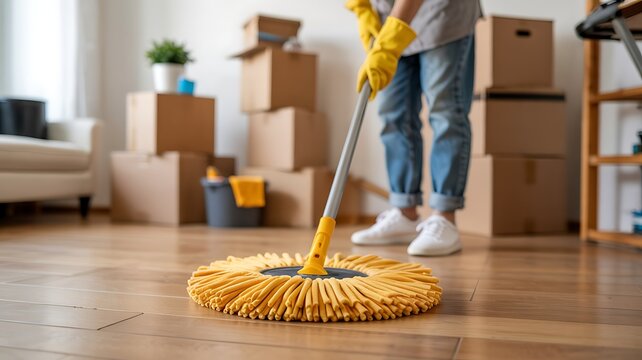 Person wearing yellow gloves and blue jeans mops a wooden floor with a yellow mop in a room filled with moving boxes - Powered by Adobe