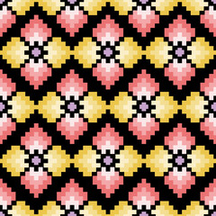 Geometric floral pattern, seamless, multicolored, designed for fabric, clothing, decoration, background.