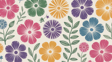 Colorful retro floral pattern with stems and leaves