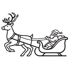 Vector illustration of a reindeer pulling Santa's sleigh outline with thick lines
