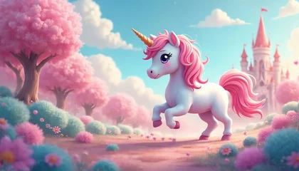 Wandcirkels Eenhoorn Illustration presents unicorn in dreamlike pink landscape with fairy castle on background. Cartoon horse is jumping over meadow with flowers. Fantasy scene for kids with charming animal, pink glitter.  © Viktor