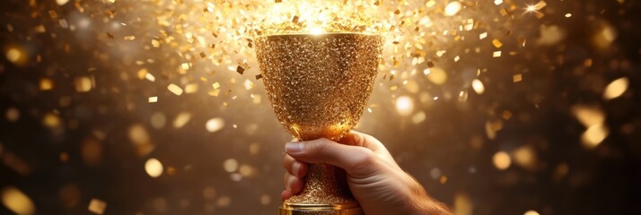 Golden trophy celebration with sparkling confetti burst