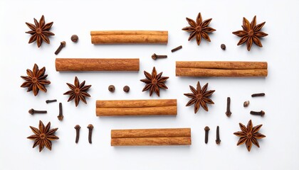 Aromatic Spice Composition: Cinnamon, Star Anise, Cloves Arranged on a White Surface