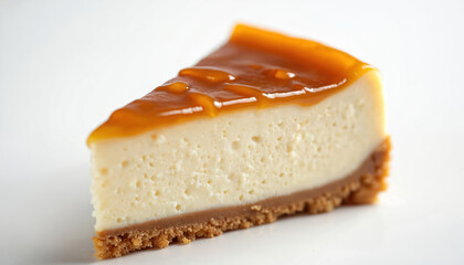 Slice of creamy cheesecake with smooth caramel sauce topping on graham cracker crust. Dessert looks delicious and sweet, perfect for food blogs or cafe menus. Enjoy this rich treat.
