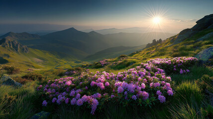 Obraz premium Majestic mountain vista at sunrise with a foreground of purple rhododendrons