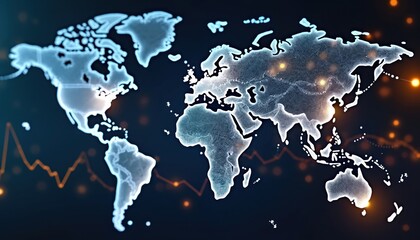 World map displays global economic data connections. Digital continents show trade routes and financial flows. Graphs indicate market trends and investment changes across nations.