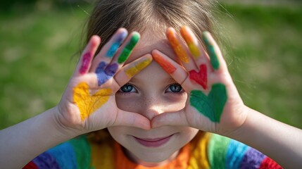 Child showing painted hands with colorful hearts and rainbow colors, making a frame around her eyes, expressing joy, creativity, and imaginative play outdoors