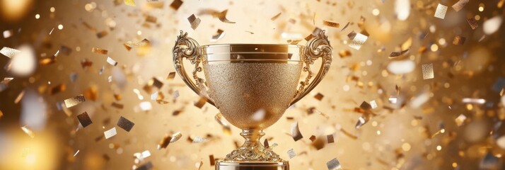 Golden trophy amidst falling confetti celebrating achievement