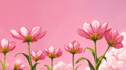 Fototapeta premium A vibrant painting of pink flowers with yellow-tipped petals against a soft pastel background, featuring blooming and budding blooms on slender green stems.