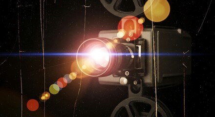 A vintage film projector with bright lens flare and film reels in a dark and grainy background