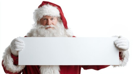 Santa claus smiling and holding a blank white sign on a clean background, perfect for adding holiday greetings, promotions, announcements or custom festive messages