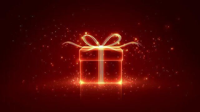 Glowing gift box illustration with sparkling lights on a red background. This festive image features a glowing gift box with a ribbon, perfect for holiday promotions and celebrations