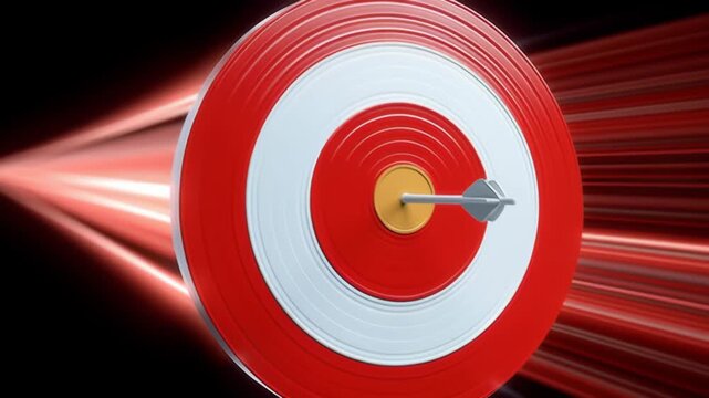 Dynamic sequence of a dartboard with an arrow striking the bullseye, showcasing motion blur and vibrant colors, emphasizing precision and focus in a striking visual narrative