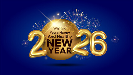 3D Golden Vector Illustration for Happy and Healthy New Year 2026 wishes card background.  © New creative ideas