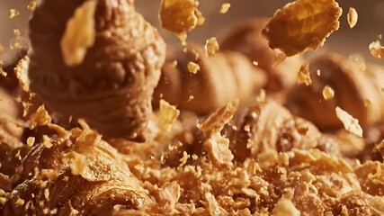 A dynamic shot capturing the essence of flaky pastries, with fragments suspended in mid-air