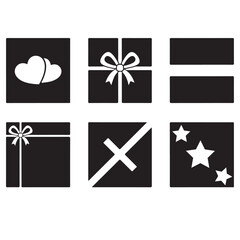 Collection of six black gift box icons with different ribbon and heart designs set and bundle silhouette art vector design