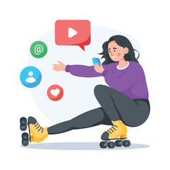Creatively designed illustration of woman using mobile during roller skating