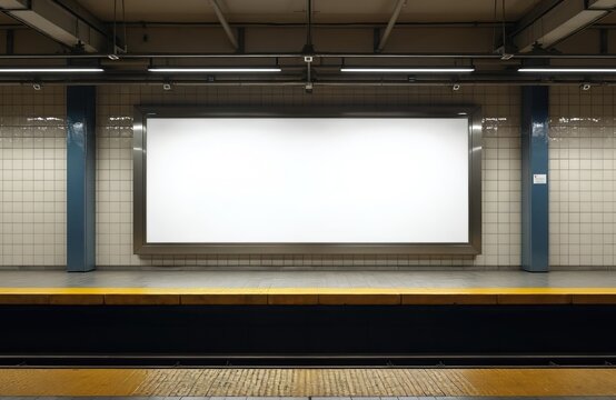 Blank white billboard on subway station wall. Advertising space on train platform wall. Modern transit ad panel. Digital screen for ads. Public transport interior.