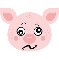 Pink cartoon pig face with large eyes and freckles on a transparent background expressing confusion with wavy mouth line and blush on cheeks