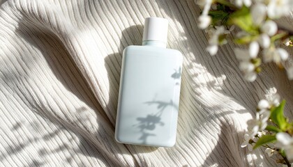 Light Blue Detergent Bottle on Knit Fabric with Soft Daylight