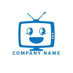 Retro blue TV mascot logo featuring a smiling face, rabbit ears, and text placeholder.