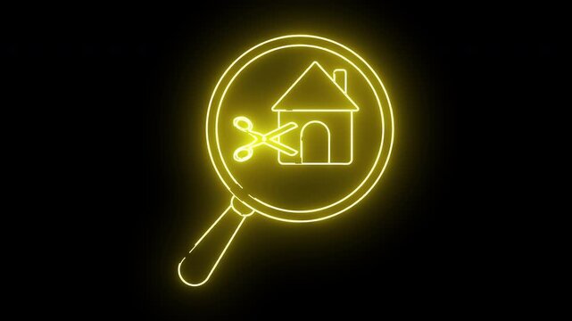 A neon yellow drawing of a magnifying glass house and scissors on a black background