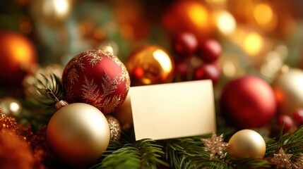 Festive Christmas Ornaments and Blank Card Surrounded by Greenery and Golden Lights for Holiday Celebrations