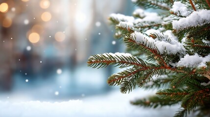 Snowy Evergreen Tree Branch in Winter Wonderland with Blurred Background and Soft Bokeh Lights