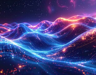 Fototapeta premium Neon waves flow across a starry expanse, shimmering bright