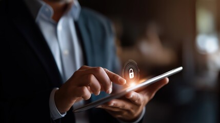 Business Professional Using Tablet Device for Secure Online Transactions with Digital Lock Icon Representing Data Protection