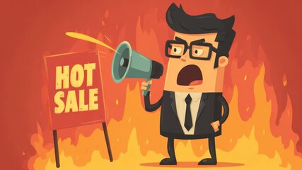A cartoon businessman with glasses shouts into a megaphone next to a "HOT SALE" sign with flames - Powered by Adobe