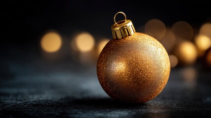 Shiny Gold Christmas Ornament with Sparkling Glitter on Dark Background for Holiday Decoration and Festive Celebrations