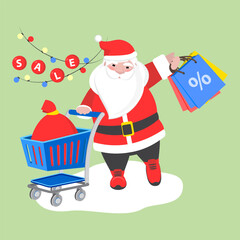 Cute cartoon Santa Claus with a shopping cart and bags. Sale concept. Flat vector illustration, simple design.