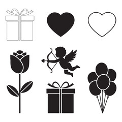 Collection of valentines day icons, including gifts and cupid set and bundle silhouette art vector design