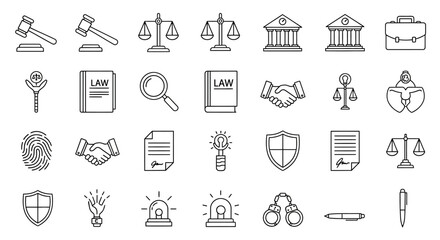 A collection of clean line art icons representing legal symbols and concepts