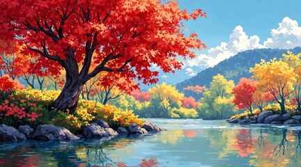 Naklejka premium A vibrant autumn landscape features a majestic tree with fiery red leaves, its branches arching over a serene river reflecting golden sunlight. Lush foliage in shades of orange, yellow
