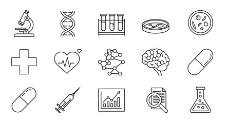 Collection of medical and scientific icons, line art, representing research and health