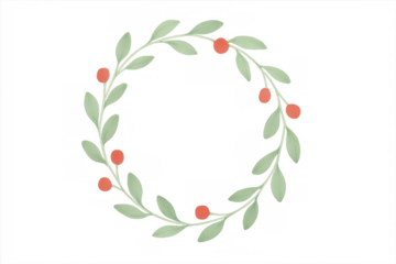 Watercolor wreath with green leaves and red berries creating a circular frame, transparent background