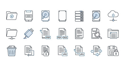 Icons representing digital storage and file management concepts