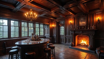 Warm interior of old English pub features dark wood paneling roaring fireplace, wooden bar. Scene displays traditional British tavern ambience with candlelight, vintage decor. Creates cozy inviting