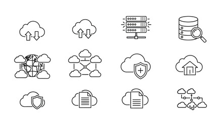 A collection of line art icons representing cloud computing services and data management