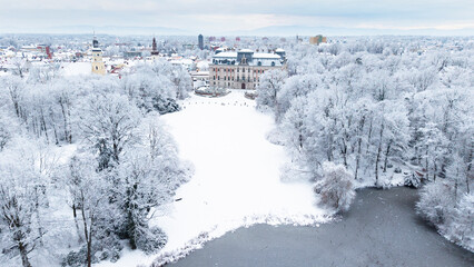 View of Pszczyna town, park and castle during a winter time
