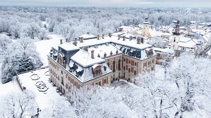 View of Pszczyna town, park and castle during a winter time