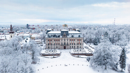 View of Pszczyna town, park and castle during a winter time