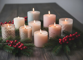 Holiday candles arranged on a dark wooden table, soft glowing light, moody festive tone, surrounded by pine branches and red berries, cozy indoor setting.
